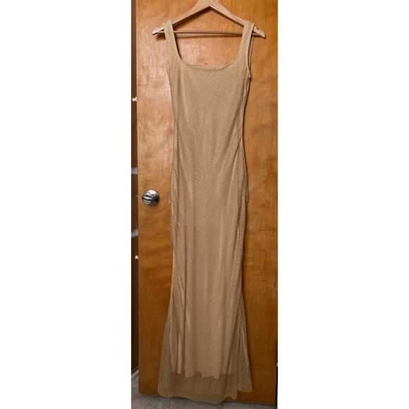 ALMOND MUSE ISABELLA Rhinestone Mesh Square Neck Maxi Dress Gold Ball Gown Sz S - Picture 4 of 11